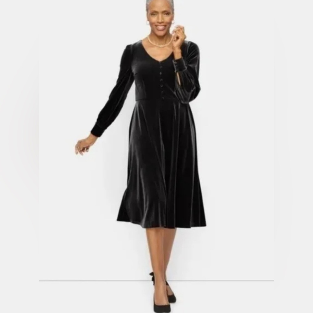 TALBOTS SZ 6 Billow Sleeve Velvet Fit Flare Dress Stretch Cocktail NWOT